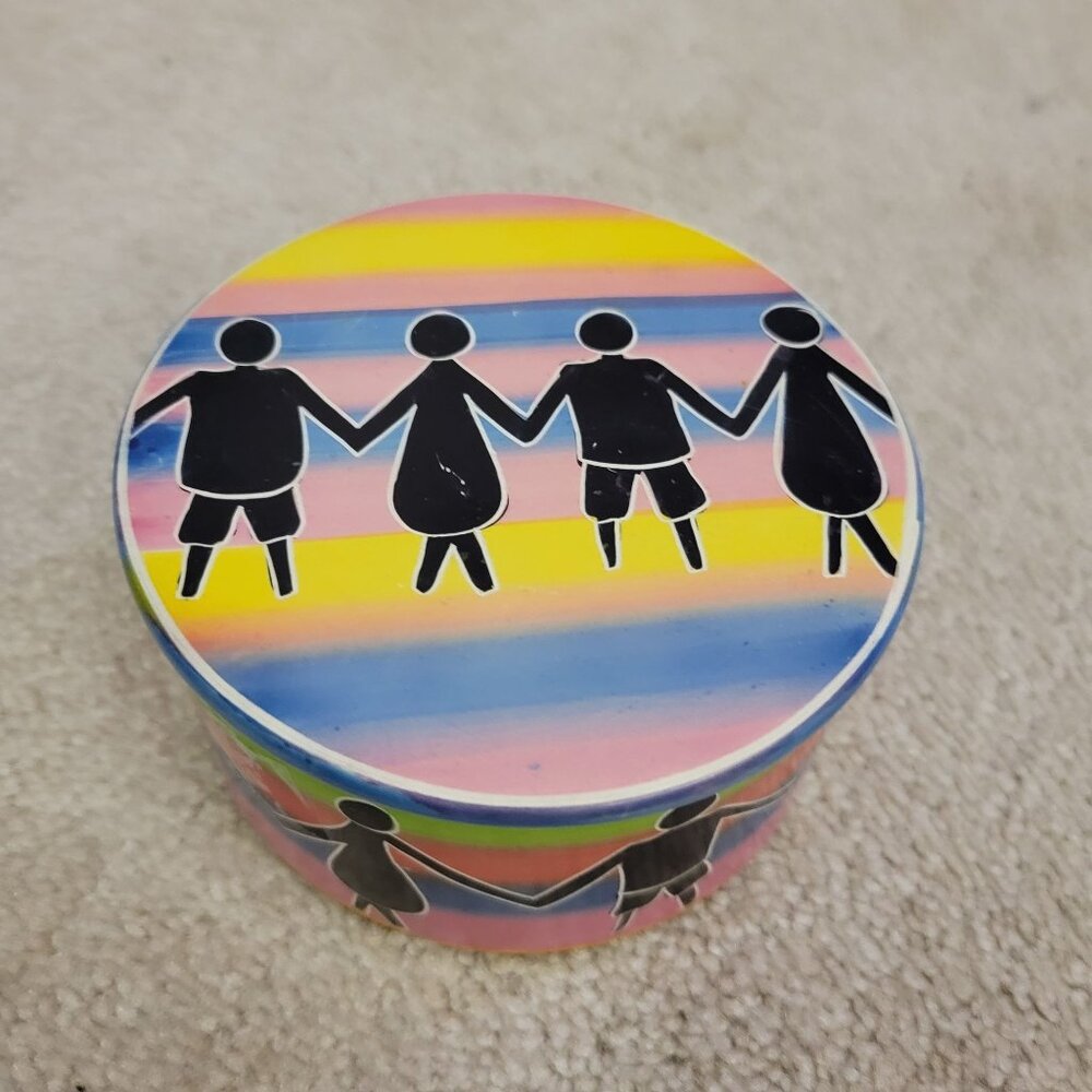 Hand-Painted Round Ceramic Trinket Box With Lid Family Silhouette Made in Kenya